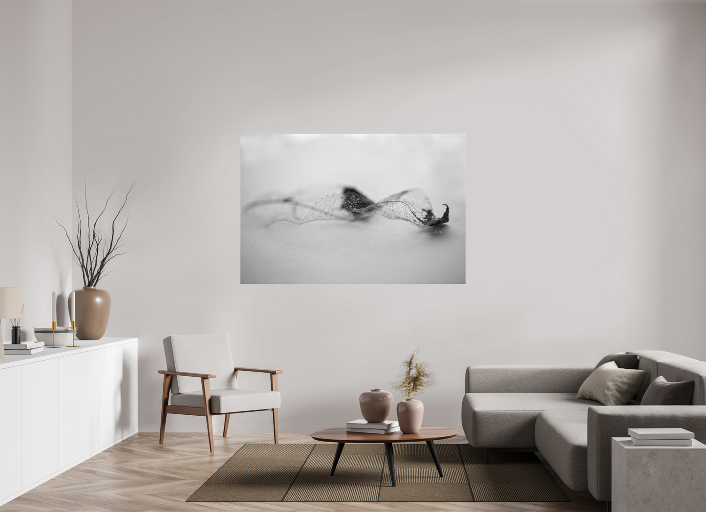 66 x 44″, Photo Print Under Acrylic Glass Leaf Left B/W