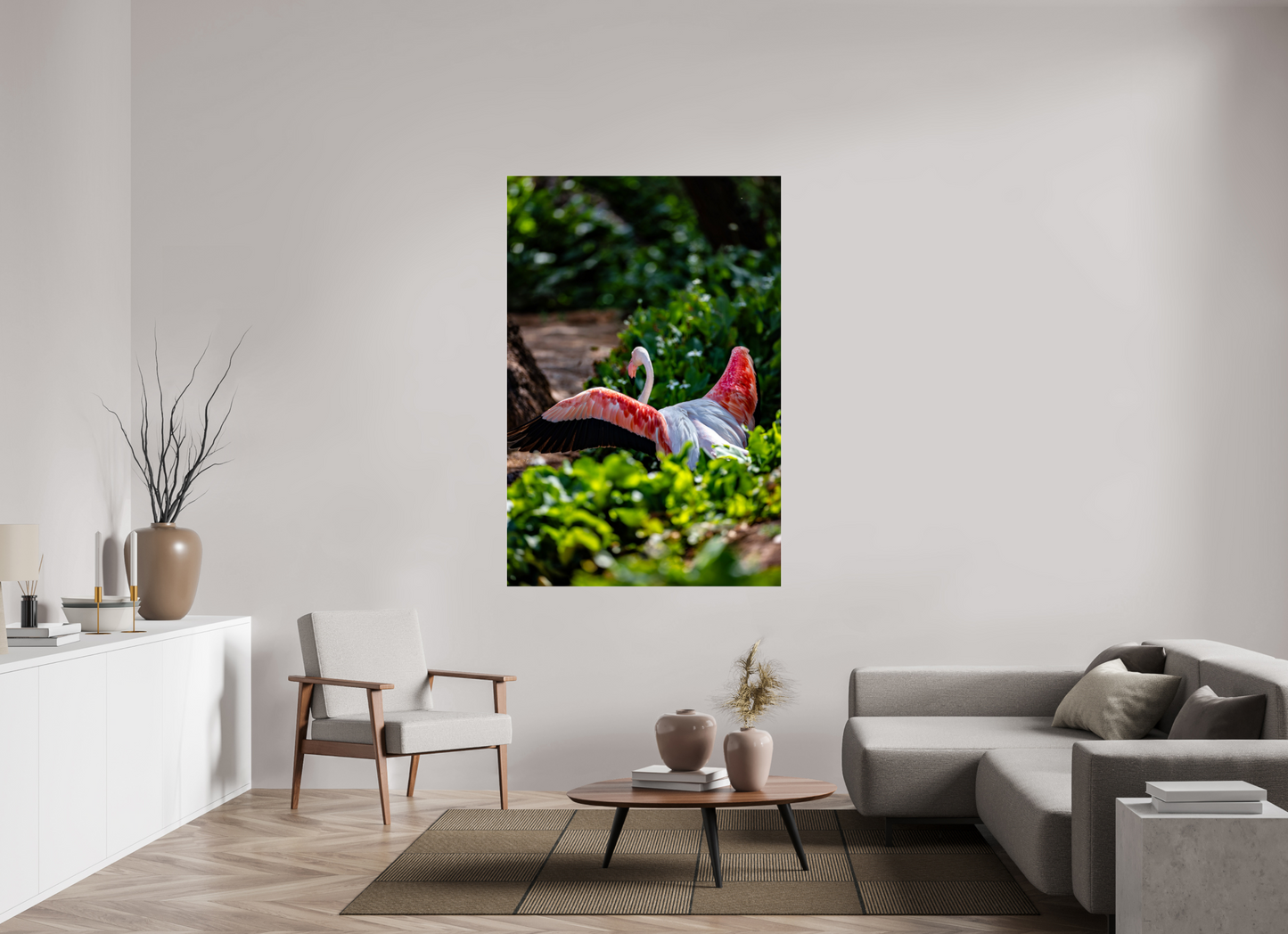 44 x 66″, Photo Print Under Acrylic Glass Reverse Fly Flamingo