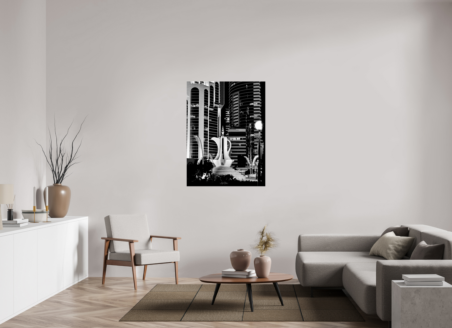 36 x 48″, Photo Print Under Acrylic Glass Al Dallah Hospitality Sculpture B/W