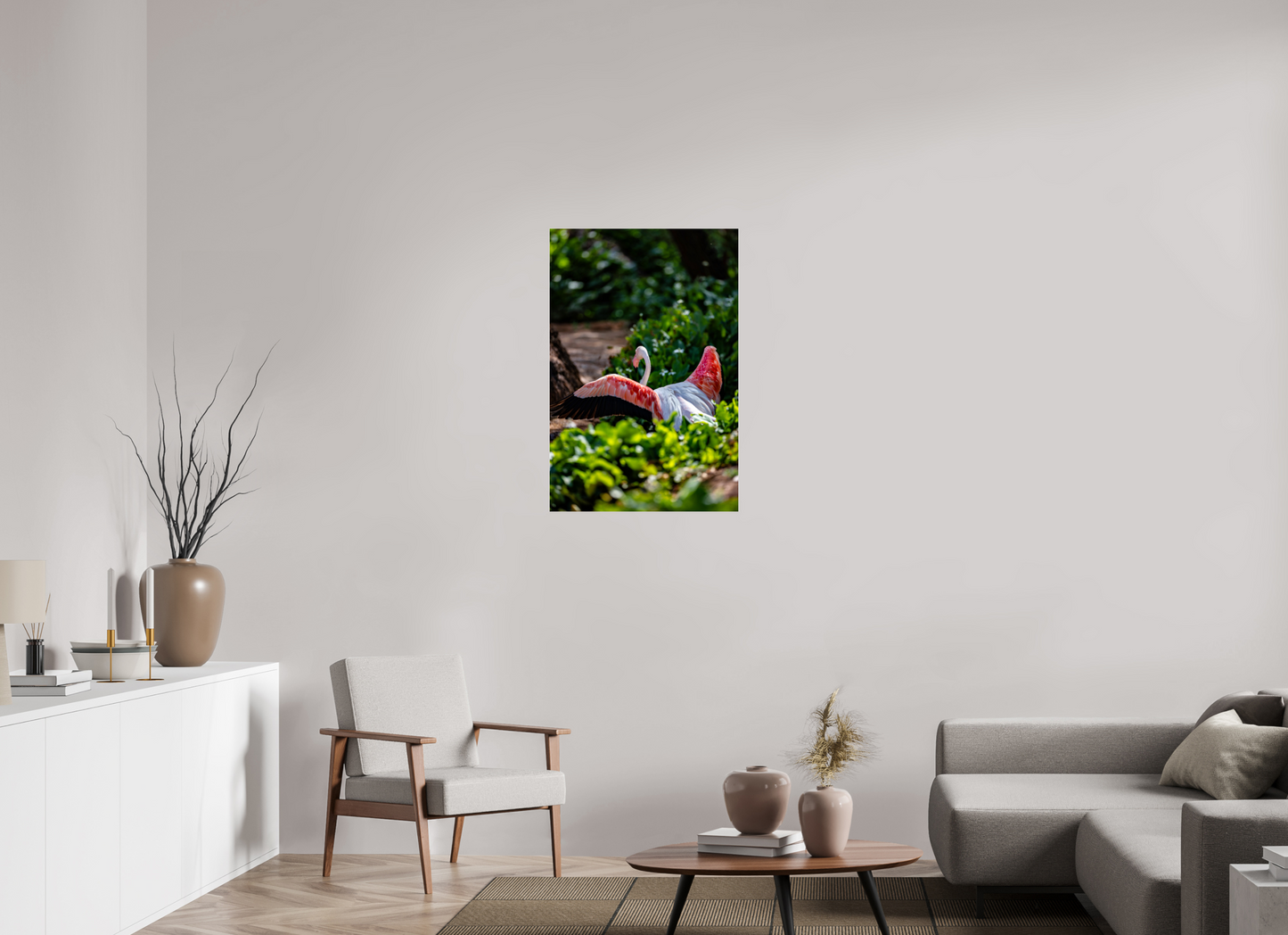 24 x 36″, Photo Print Under Acrylic Glass Reverse Fly Flamingo