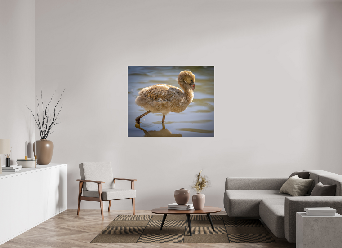 52.4 x 43″, Photo Print Under Acrylic Glass Baby Flamingo