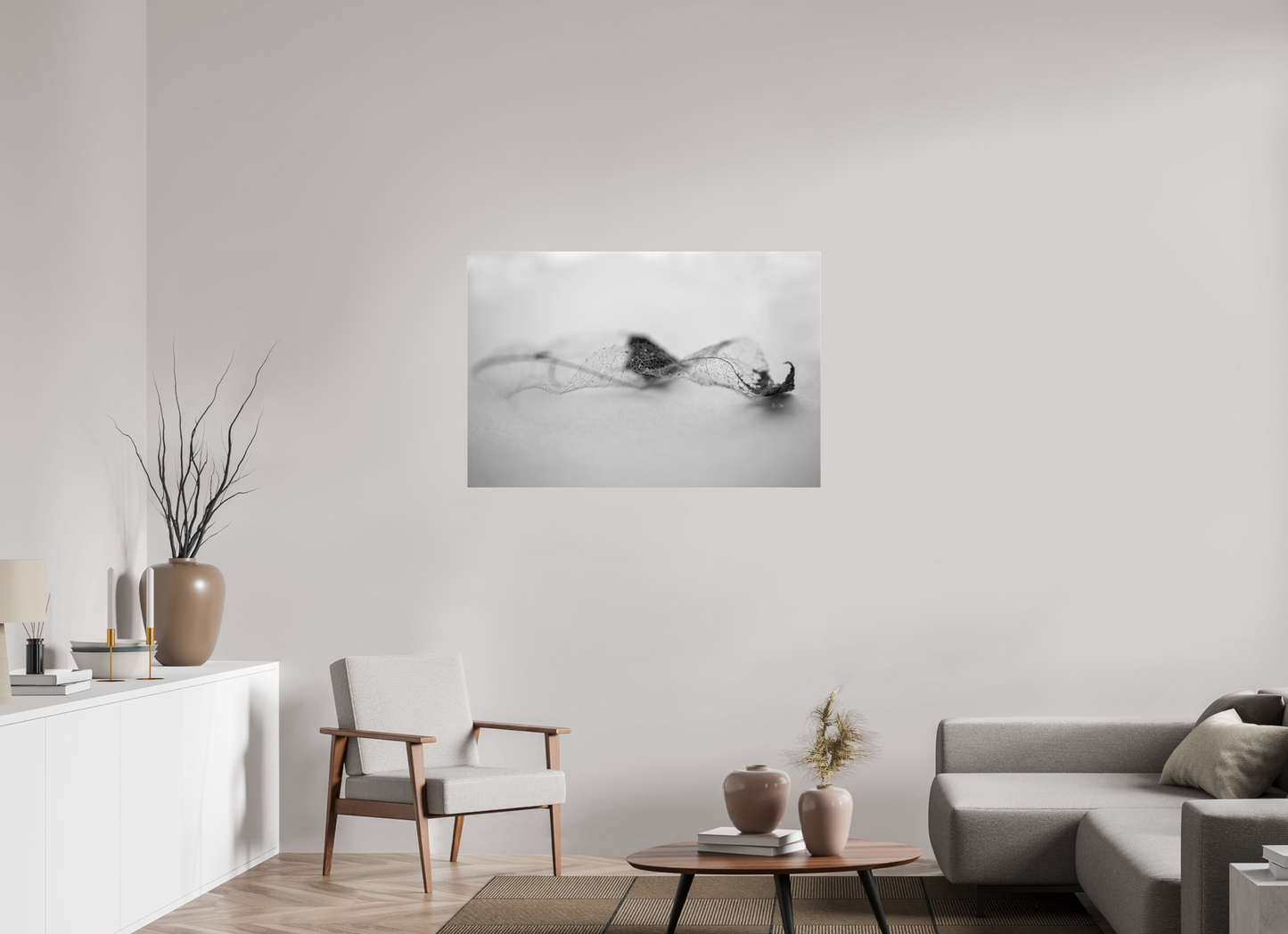 45 x 30″, Photo Print Under Acrylic Glass Leaf Left B/W