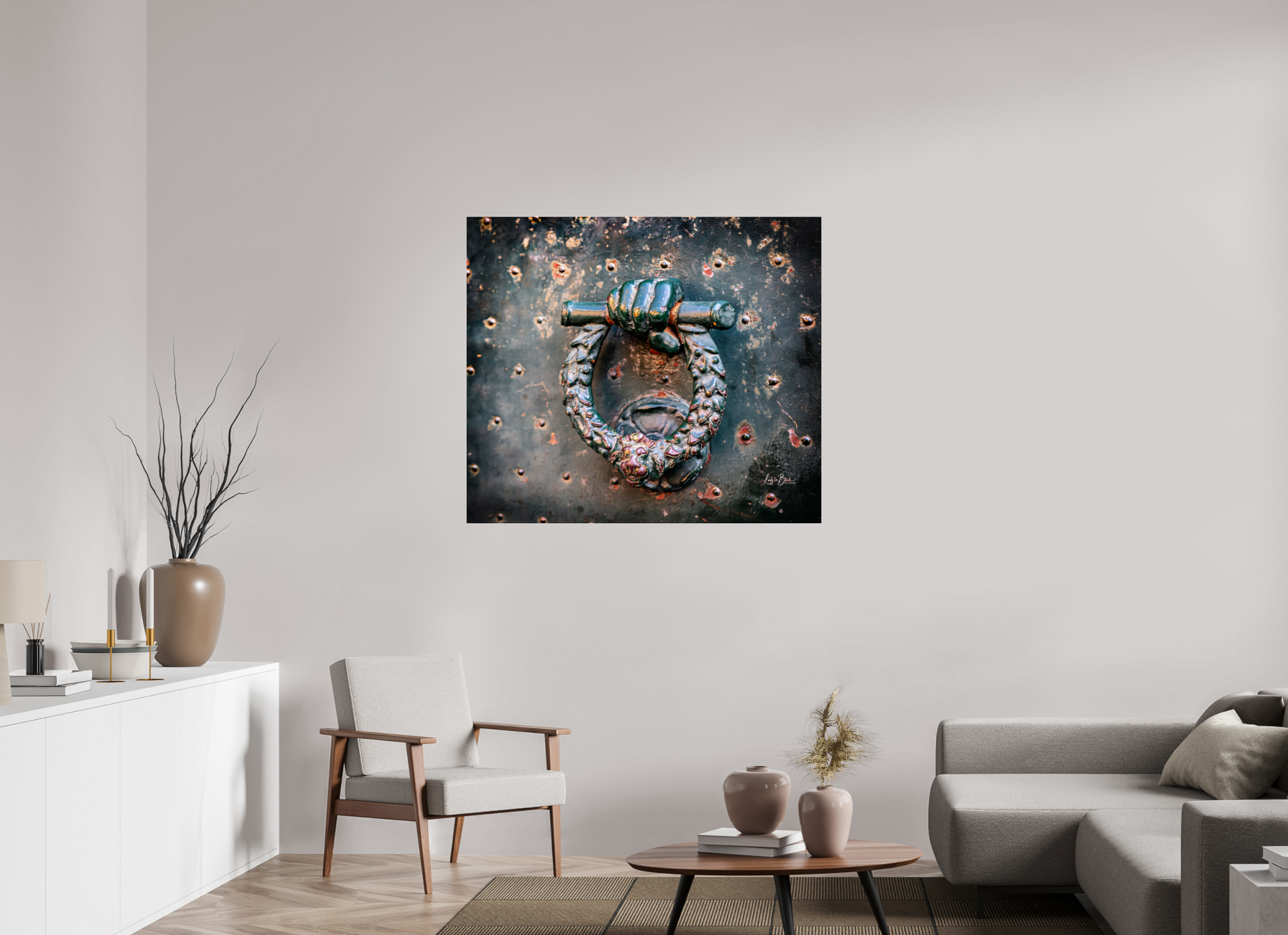 45.2 x 39″, Photo Print Under Acrylic Glass Weathered Door Knocker Italy