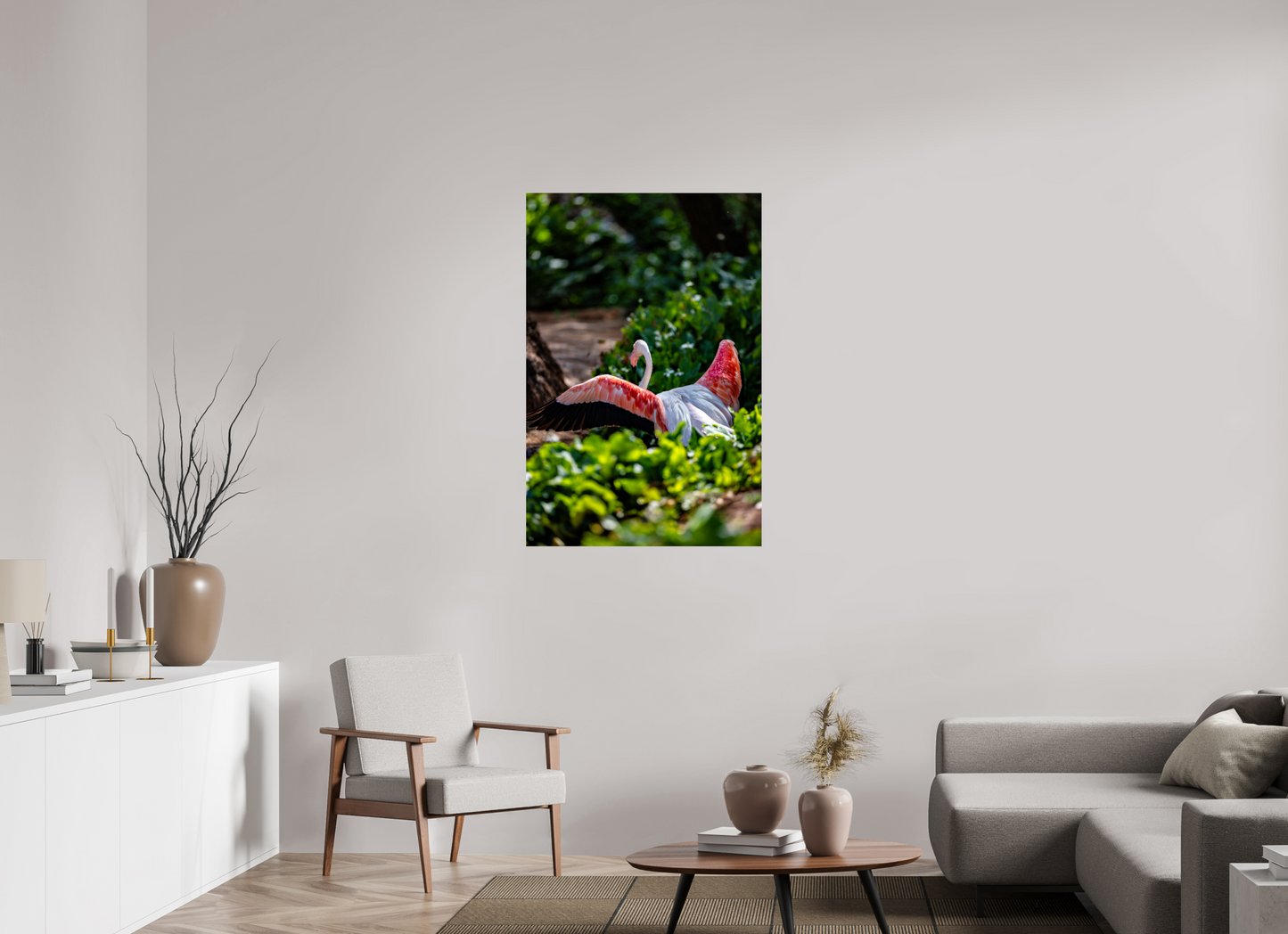 30 x 45″, Photo Print Under Acrylic Glass Reverse Fly Flamingo