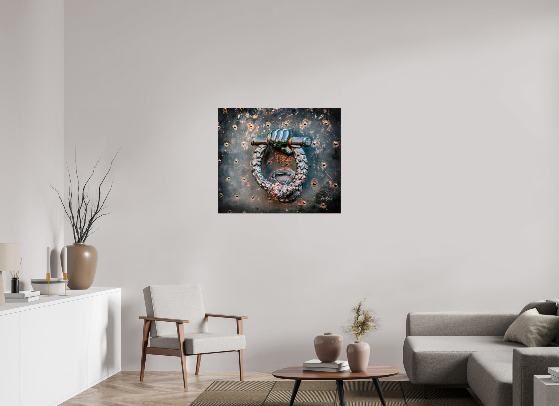 35.9 x 31″, Photo Print Under Acrylic Glass Weathered Door Knocker Italy