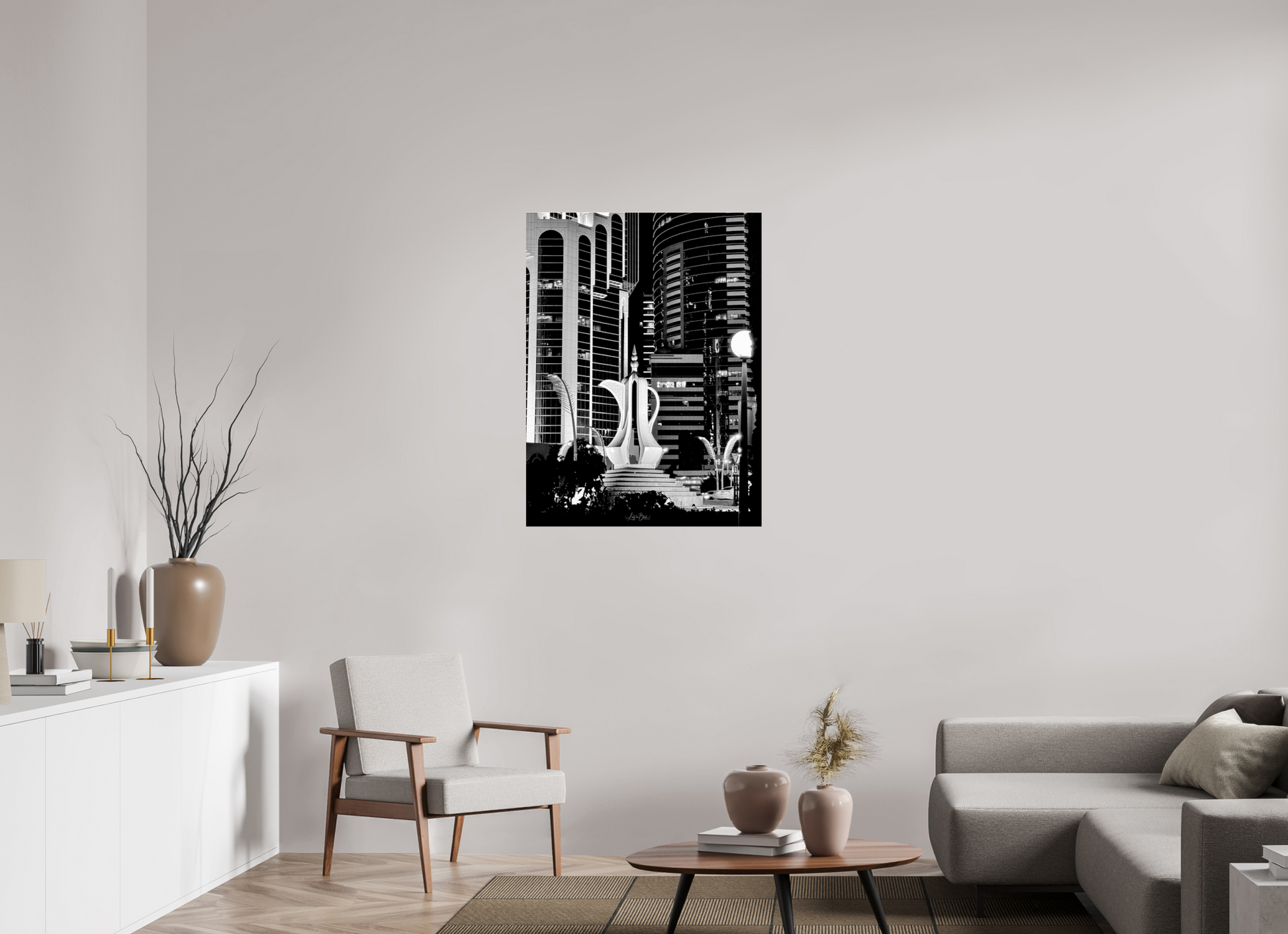 30 x 40″, Photo Print Under Acrylic Glass Al Dallah Hospitality Sculpture B/W