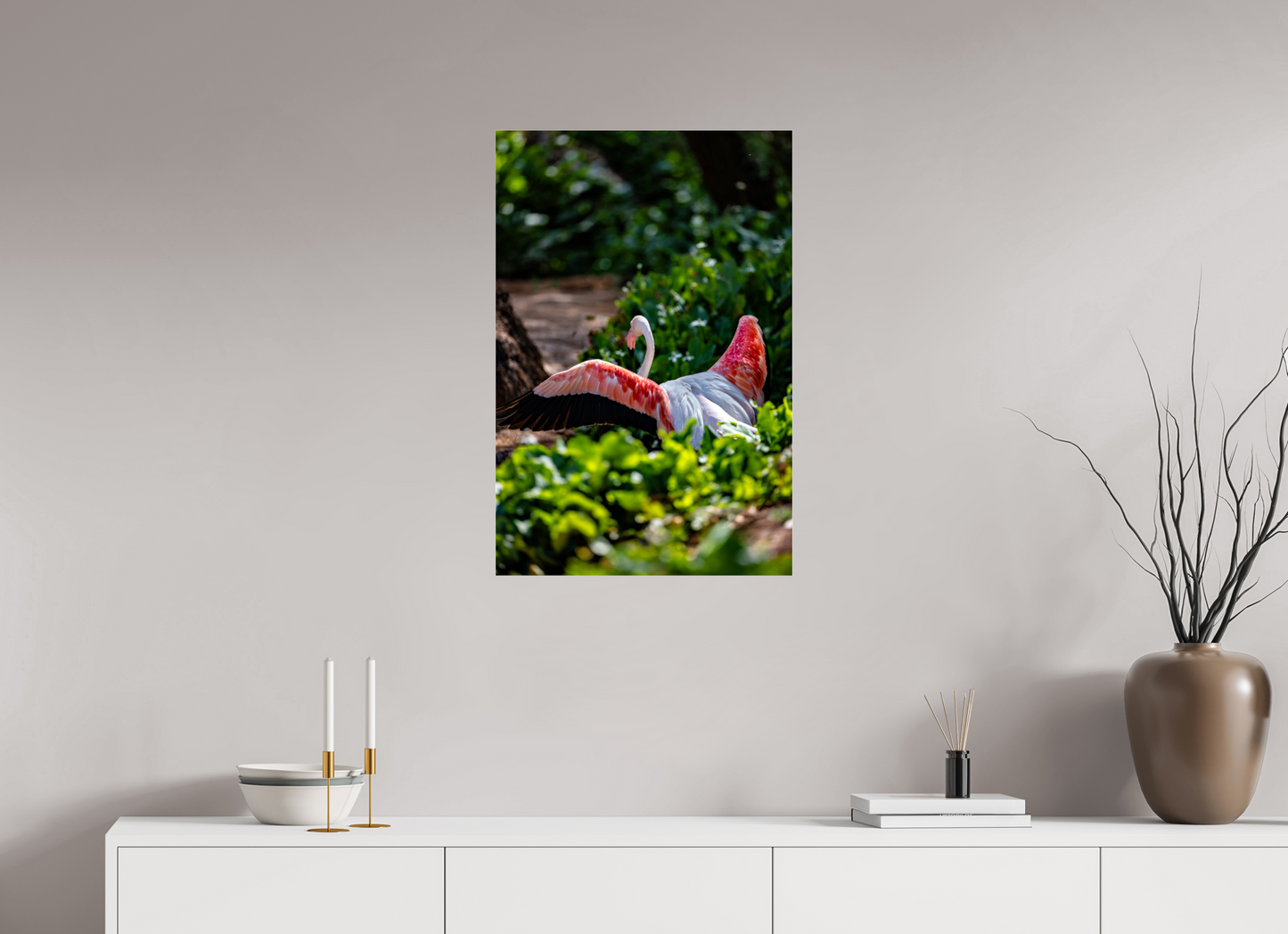 20 x 30″, Photo Print Under Acrylic Glass Reverse Fly Flamingo