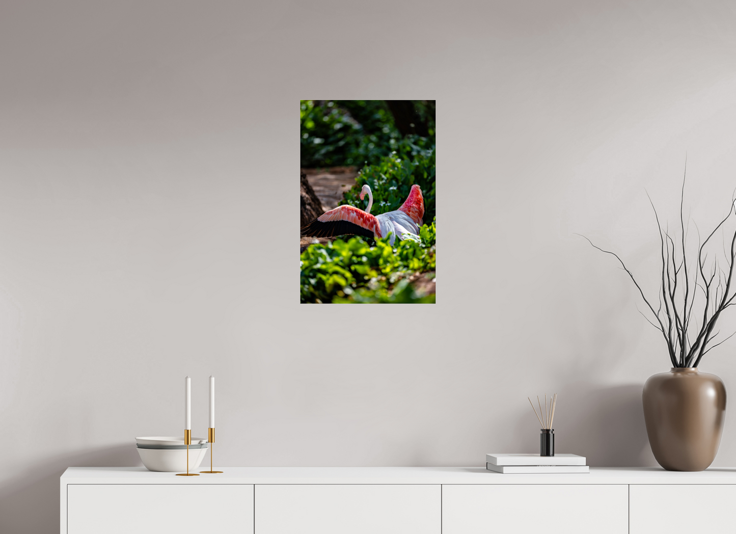 16 x 24″, Photo Print Under Acrylic Glass Reverse Fly Flamingo
