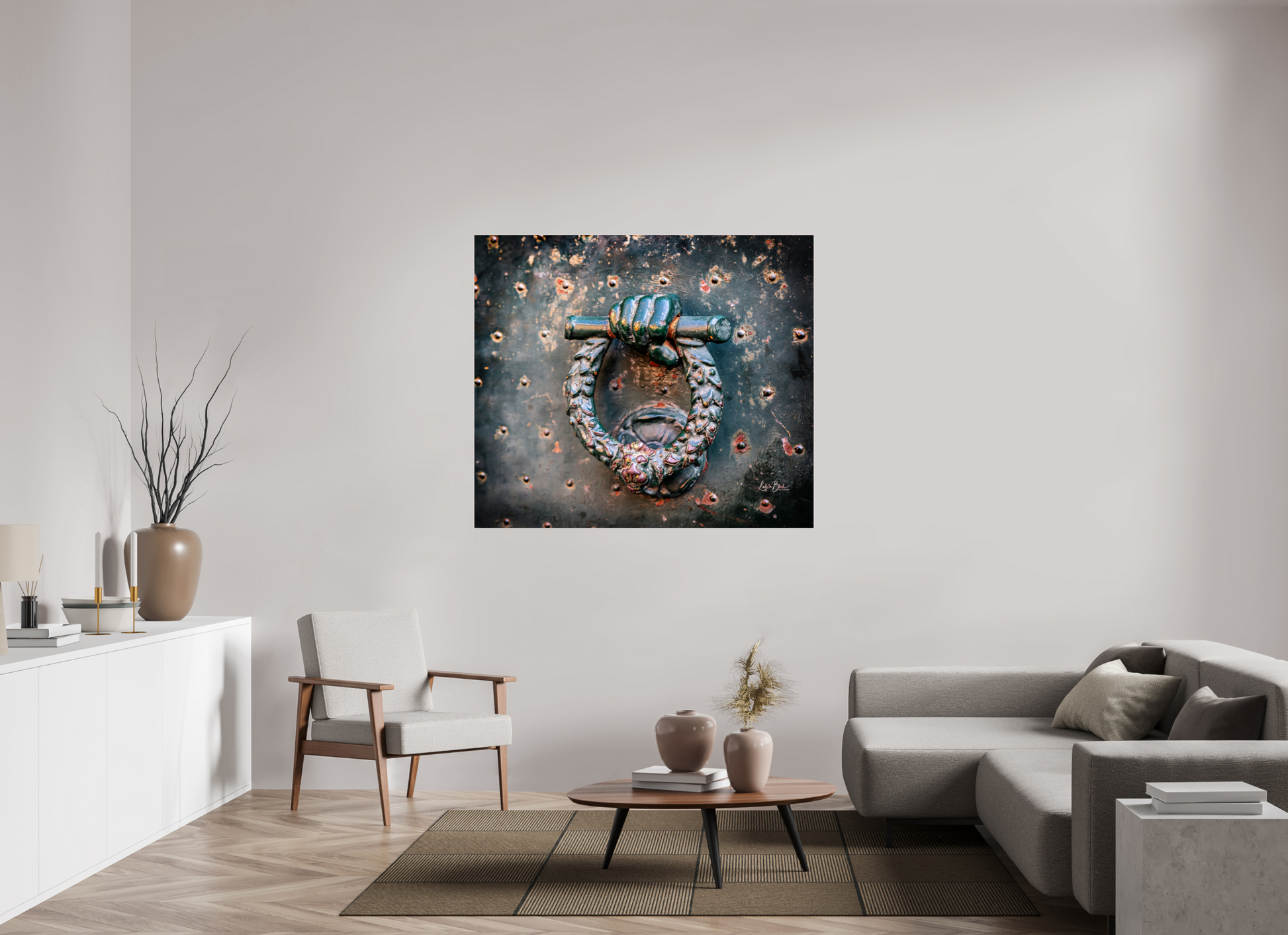 54.5 x 47″, Photo Print Under Acrylic Glass Weathered Door Knocker Italy