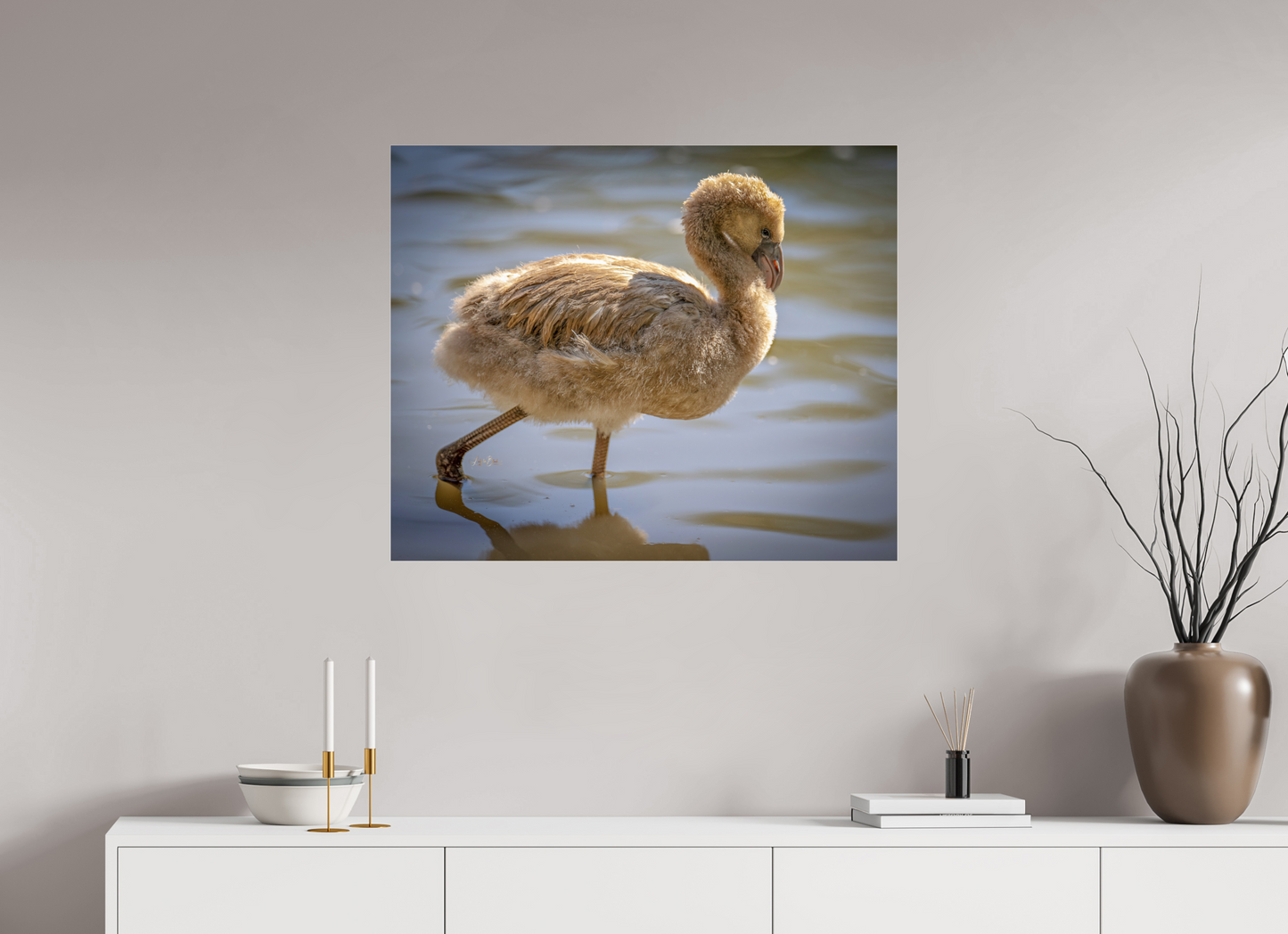 34.1 x 28″, Photo Print Under Acrylic Glass Baby Flamingo