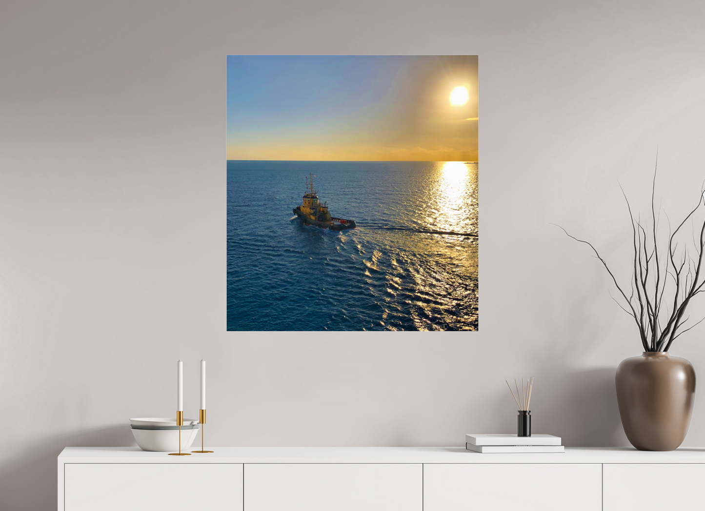 31 x 34″, Photo Print Under Acrylic Glass Golden Tug Boat