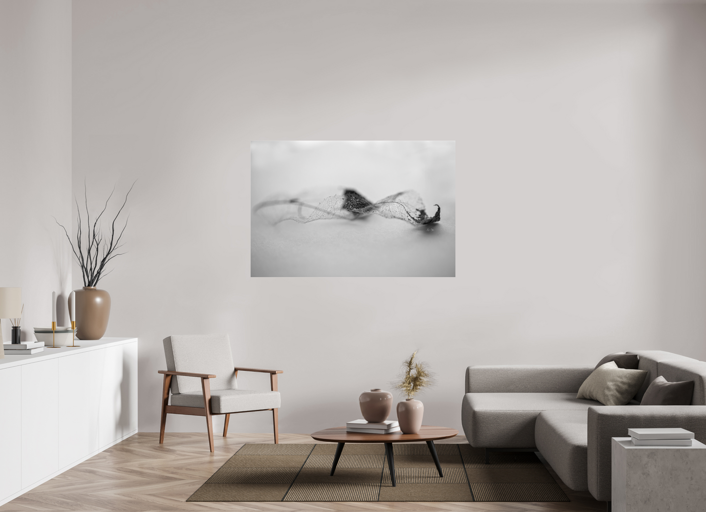60 x 40″, Photo Print Under Acrylic Glass Leaf Left B/W