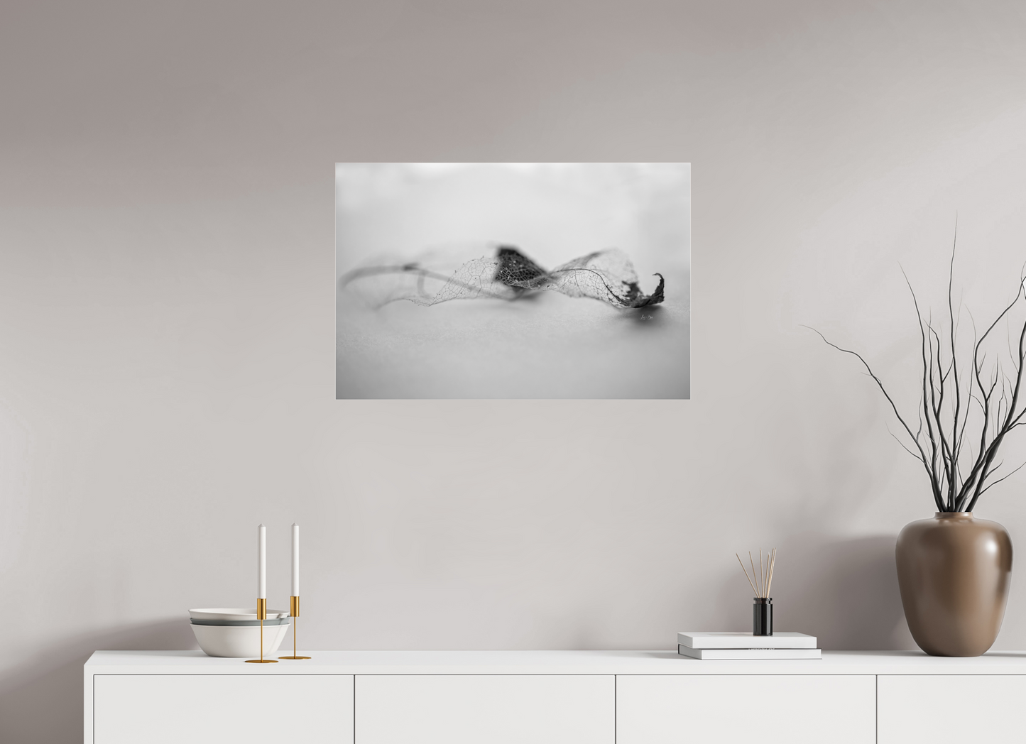 30 x 20″, Photo Print Under Acrylic Glass Leaf Left B/W