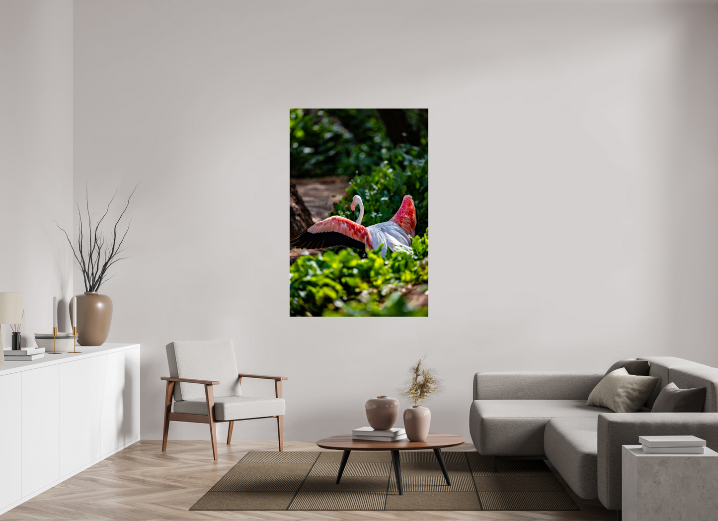 40 x 60″, Photo Print Under Acrylic Glass Reverse Fly Flamingo