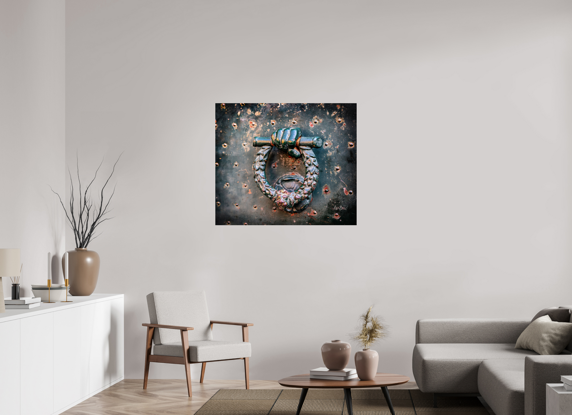 40.6 x 35″, Photo Print Under Acrylic Glass Weathered Door Knocker Italy